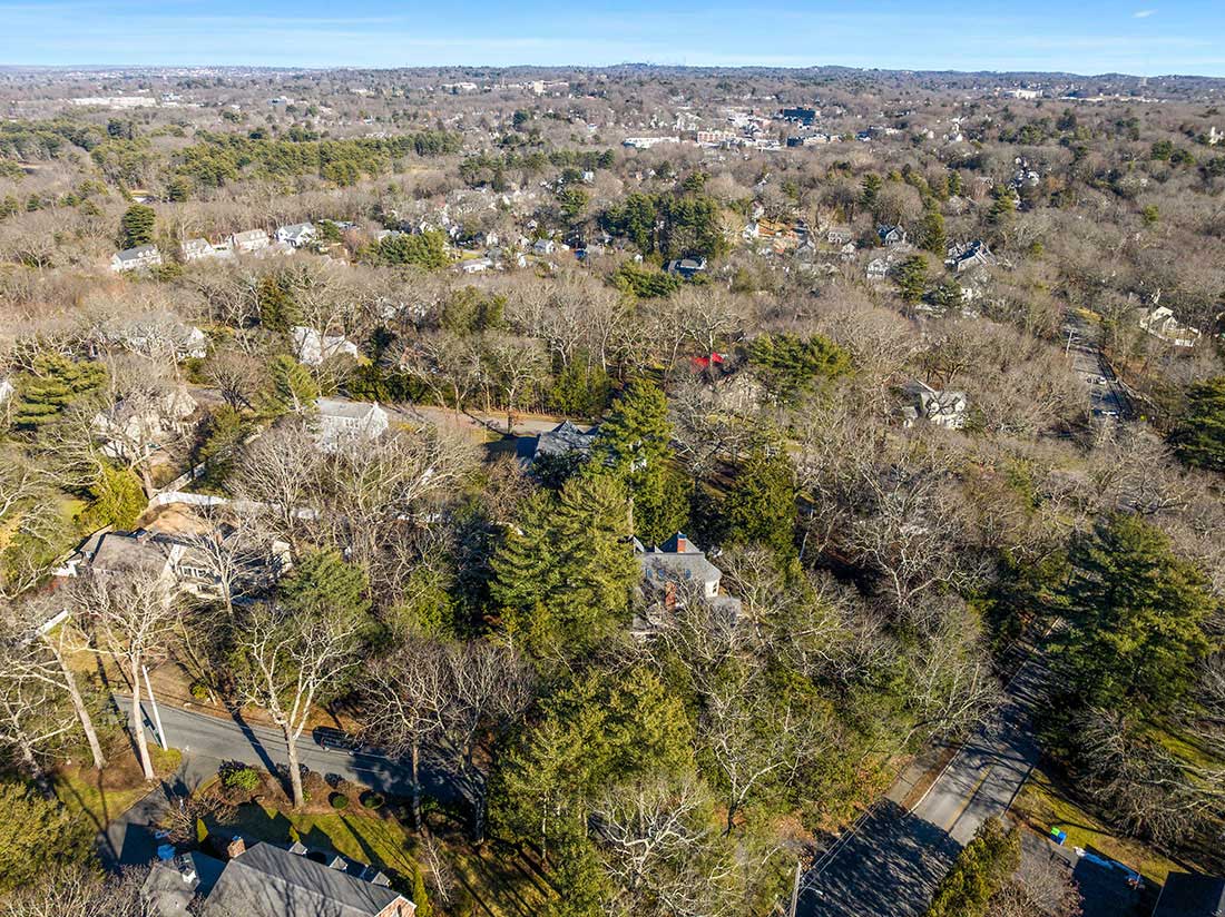 areal view, 121 Glen Street, Wellesley, MA home